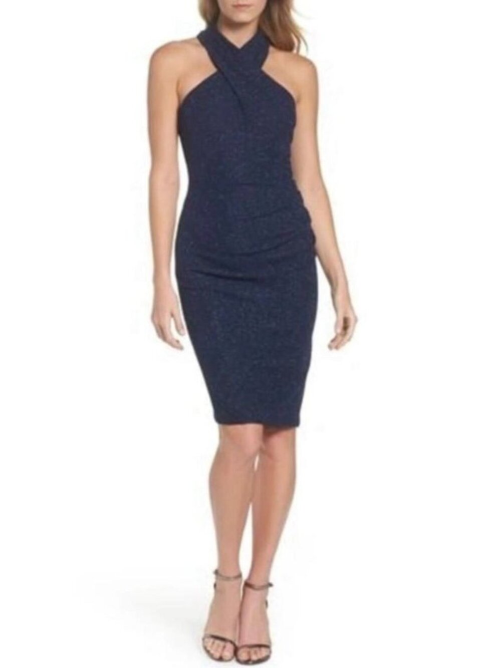 Eliza J. Halter Neck Shimmer Metallic Bodycon Stretch Dress in Navy Blue Size 4P - Picture 1 of 10